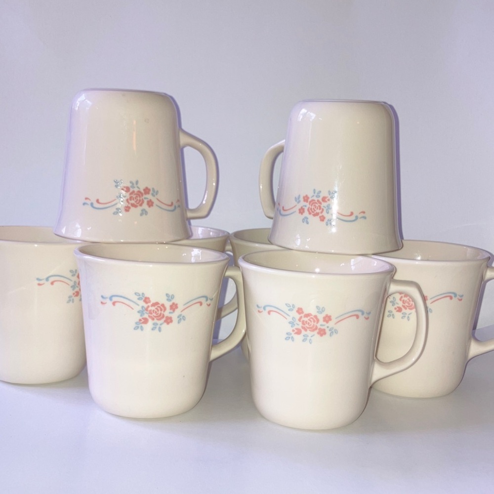 Vintage Corningware Cream‎ Mugs with Pink & Blue Floral Design- Set of 8